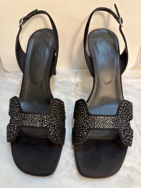 Hermes Black Suede Crystal Embellished Slingback H Sandals Size 39,9 (US 9,5)